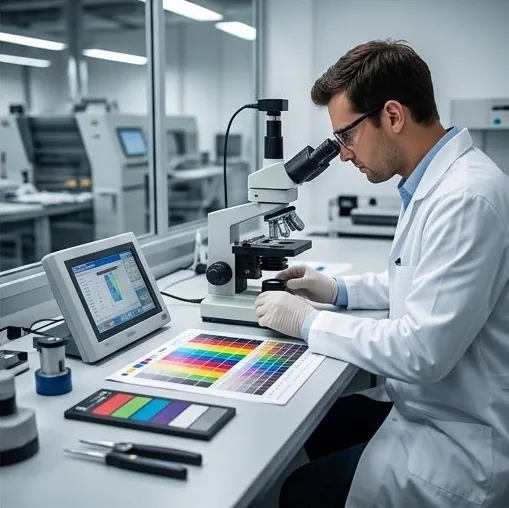 Technician checking print samples under a microscope in a quality lab